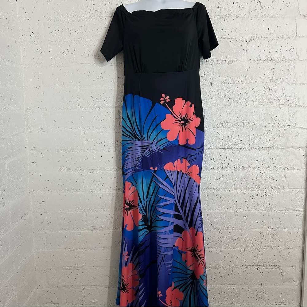 Womens Maxi Dress L Off Shoulder Black Tropical Cruise Wear Fitted Bodycon X5
